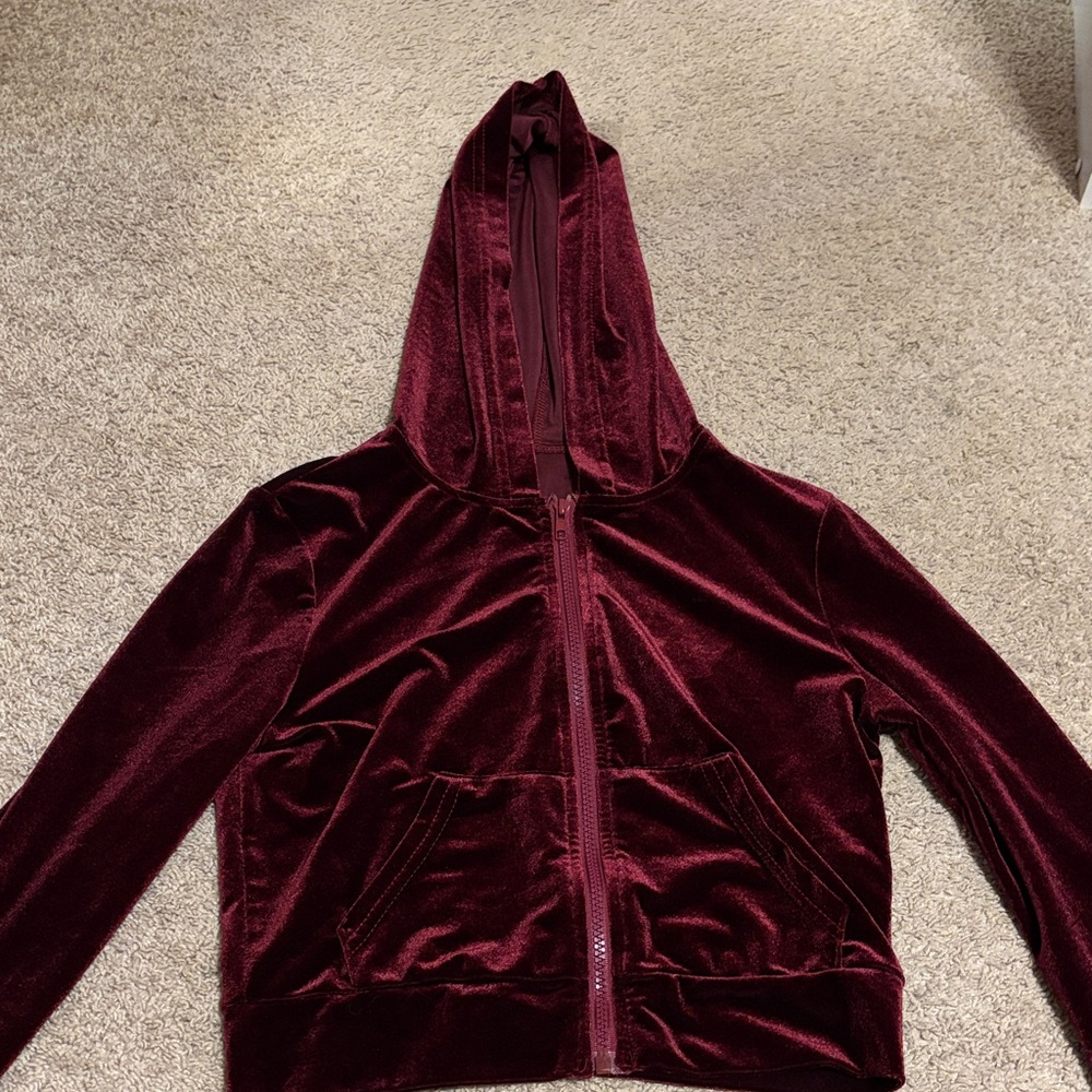 SHEIN Velvet Hooded Zip-Up Jacket - Burgundy